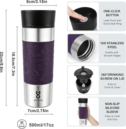 Travel Coffee Mug with 360°Lid, Travel Coffee Tumbler 16 oz Leak Proof, Stainless Steel Insulated Travel Mugs for Hot and Cold Spill Proof Leak Proof (Purple)