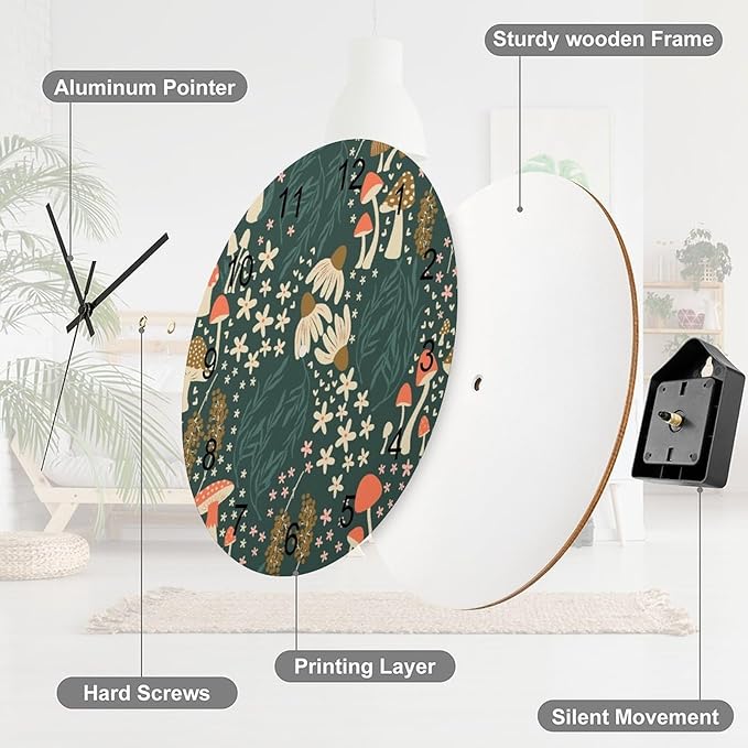 Botanical Wood Wall Clock, Cartoon Green Botanical Floral Leaves Mushroom Plant 12 Inch Silent Non-Ticking Battery Operated Round Clock for Bedroom Living Room Office Kitchen Decor