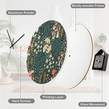 Botanical Wood Wall Clock, Cartoon Green Botanical Floral Leaves Mushroom Plant 12 Inch Silent Non-Ticking Battery Operated Round Clock for Bedroom Living Room Office Kitchen Decor