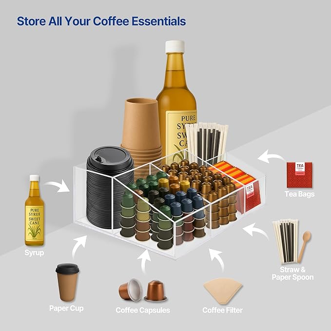 Acrylic Coffee Bar Station – Snack Tea Organizer & Storage Holder for Office Coffee Table – Perfect Countertop Setup for Syrup, Creamer, Condiment and Snack Accessories