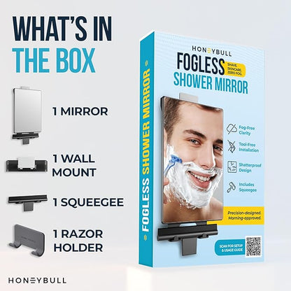 HONEYBULL Fogless Shower Mirror for Shaving – Anti Fog Mirror for Shower with Water Tank, Adhesive Hook Mount, Bonus Razor Holder & Squeegee – for Men and Women, Small Bathroom Accessory (Black)