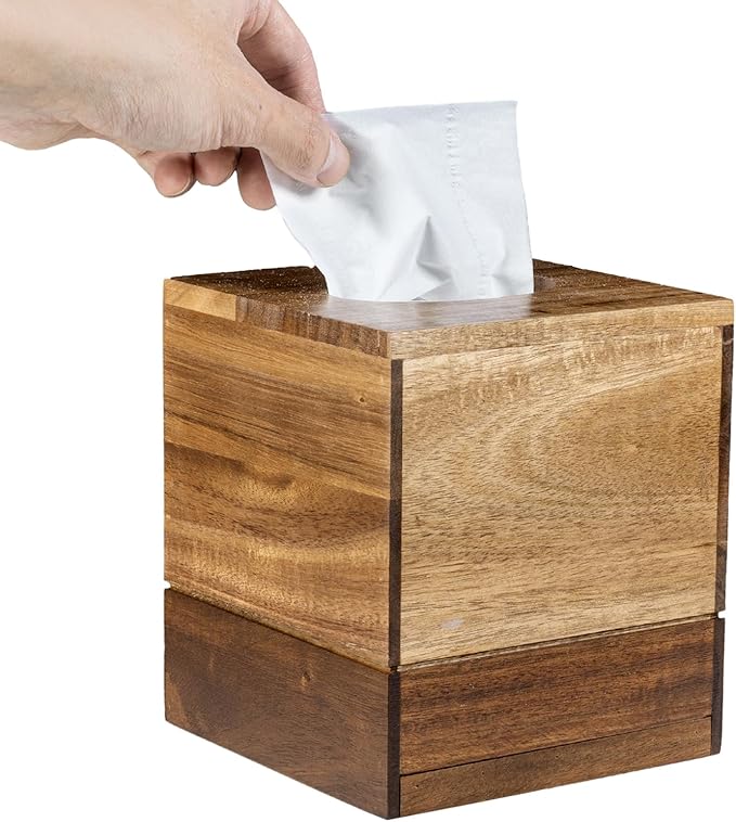 MyGift Premium Dual Tone Solid Acacia Wood Square Bathroom Facial Tissue Box Dispenser Holder Cover with Slide-Out Bottom Panel, 5.5 x 5.5 x 6.3 Inches