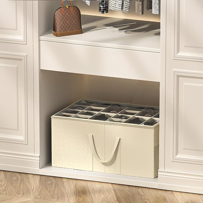 Aokeyee Shoe Organizer for Closet, 2 Pack Large Shoe Storage Box Fits up to 24-48 Pairs, Space Saving Foldable Shoes Organizer Bin w/Clear Cover and 4 Reinforced Handles, Beige