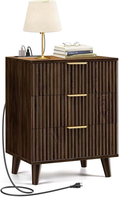 Fluted Night Stand, 20 inch Modern Nightstand with Charging Station Wood Bedside End Table with 3 Large Storage Drawers, Tall Side Table for Bedroom Sofa Office, Walnut