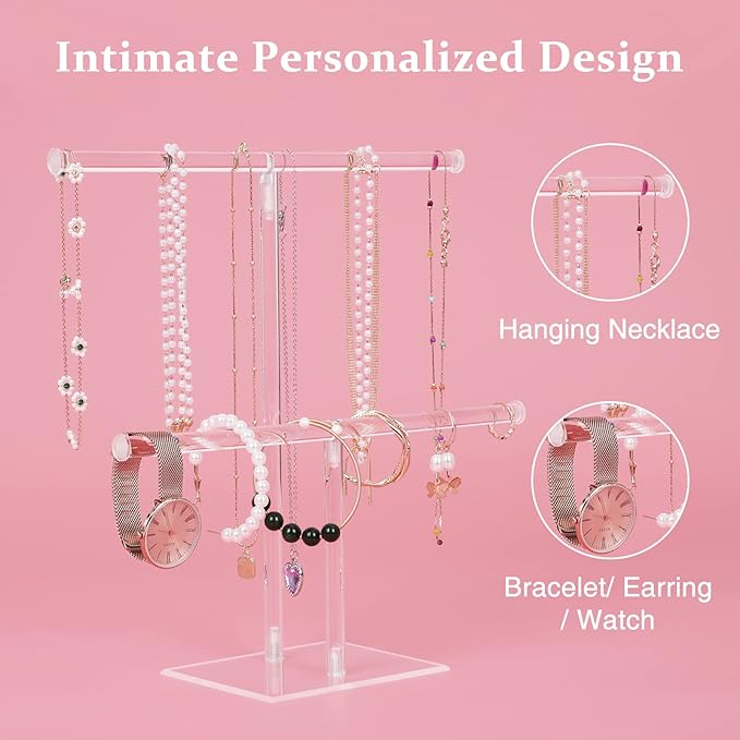 Jewelry Stand Necklace Holder, Acrylic Jewelry Display Holder, Necklace and Bracelet Hanging Organizer, Clear 2-Tier Tower Stand for Bangles, Necklaces, Bracelets, Rings, Earrings and Watch