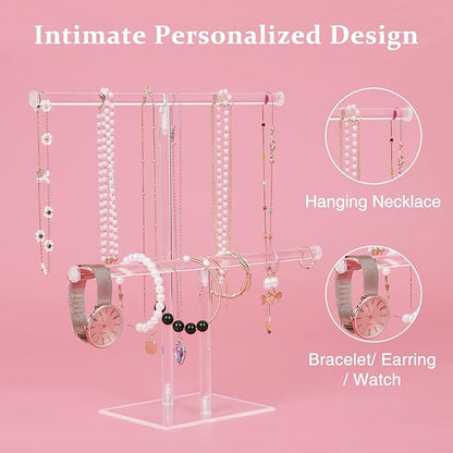 Jewelry Stand Necklace Holder, Acrylic Jewelry Display Holder, Necklace and Bracelet Hanging Organizer, Clear 2-Tier Tower Stand for Bangles, Necklaces, Bracelets, Rings, Earrings and Watch