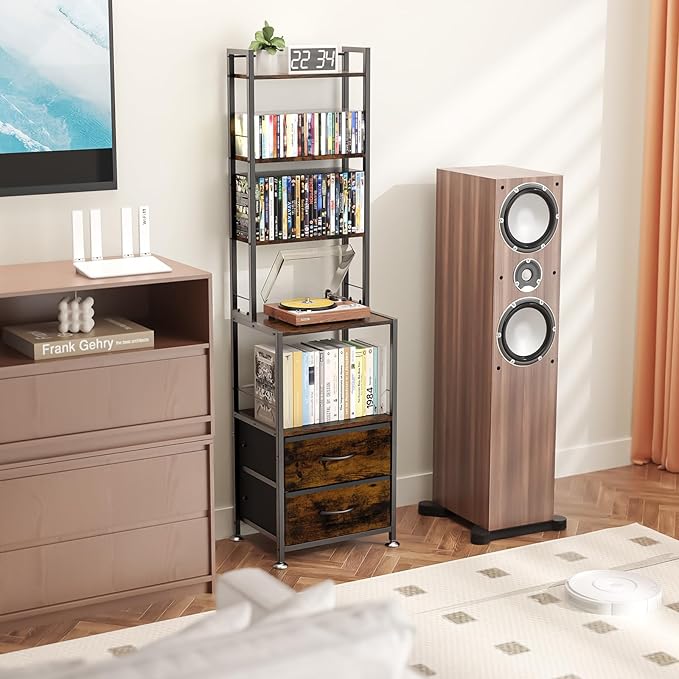 CD Rack and Storage with Two Drawers, 7-Tier DVD Shelf and Rack, CD Storage Tower and Holder for DVDs, Books and Media Games, Movie Collection and Decor, Ideal for Living Room, Home