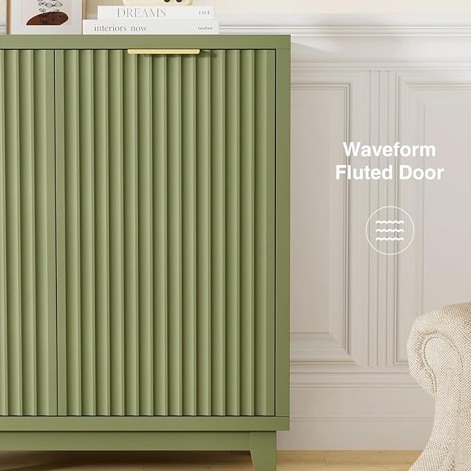 Fluted Cabinet with Storage, 2 Doors Sideboard Buffet, Mid Century Modern Accent Cabinet with Adjustable Shelves, Multifunctional Console Table with Storage for Living Room, Kitchen, Entryway, Green