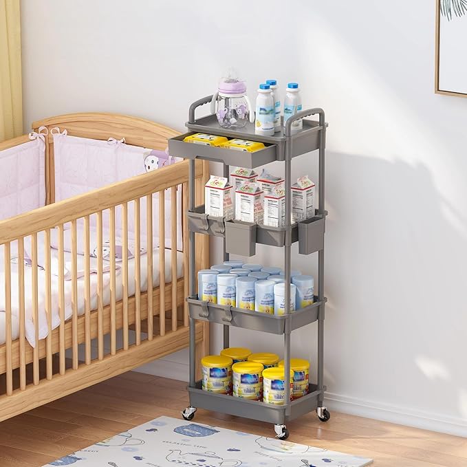 LLMRR 4 Tier Rolling Utility Cart with Drawer, Plastic Storage Organizer Rolling Carts with Wheels Handles Hanging Cups Hooks for Office, Bathroom, Kitchen,Craft Art Room (Grey)