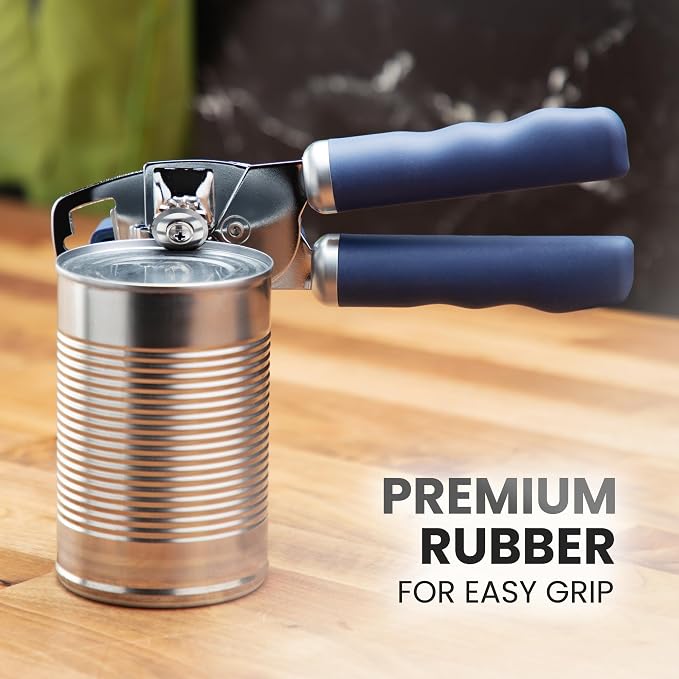Zulay Kitchen Heavy Duty Stainless Steel Can Opener Manual with Bottle Opener - Rust Proof Manual Can Opener With Turn Knob & Comfy Soft Grip Handles - Blue