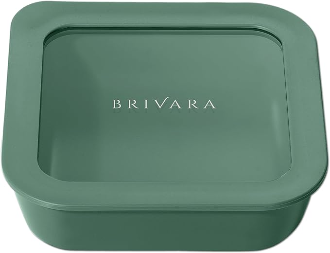 BRIVARA HOME Ceramic Coated Glass Food Storage Container | No PTFE, PFOA, PFAS, and BPA | Reusable Non Toxic Meal Prep Container with Glass Lid | Easy To Store | 2.5 Cup Square [Pine]