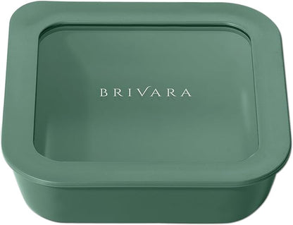 BRIVARA HOME Ceramic Coated Glass Food Storage Container | No PTFE, PFOA, PFAS, and BPA | Reusable Non Toxic Meal Prep Container with Glass Lid | Easy To Store | 2.5 Cup Square [Pine]