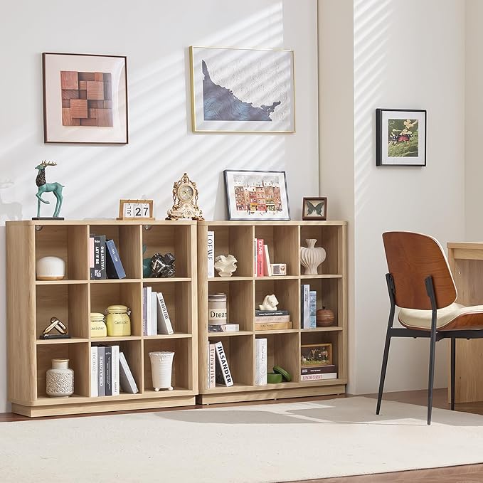 9 Cube Storage Book Shelf, 41" Tall Organizer Bookshelf with Curved Edge, Modern Floor Standing 3-Tier Cubby Bookcase with Base, Wood Display Book Case for Living Room, Home Office,Natural Oak