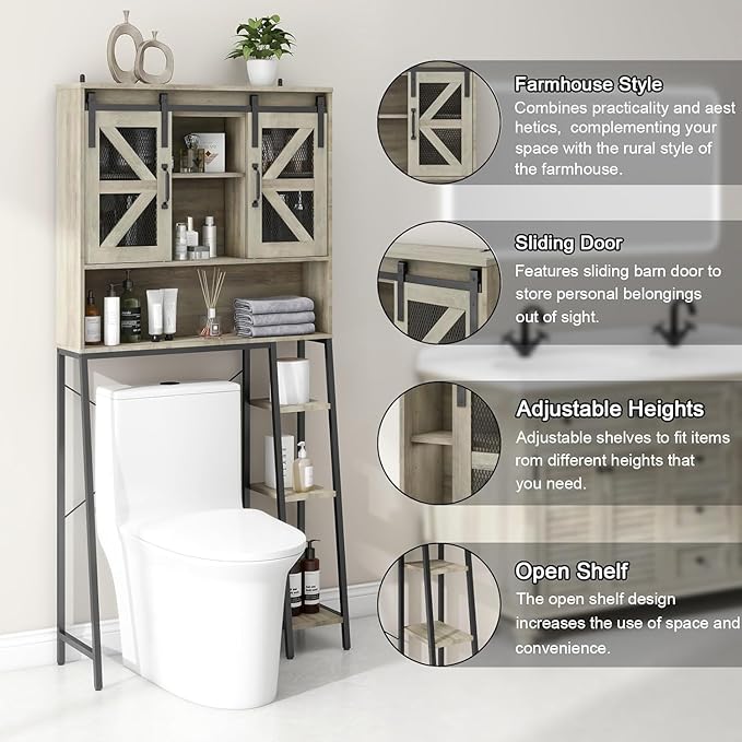 Vabches Over The Toilet Storage Cabinet, Farmhouse Storage Cabinet Over Toilet with Sliding Barn Door，Home Space-Saving Toilet Rack, for Bathroom, Restroom, Laundry(Grey).