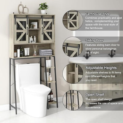Vabches Over The Toilet Storage Cabinet, Farmhouse Storage Cabinet Over Toilet with Sliding Barn Door，Home Space-Saving Toilet Rack, for Bathroom, Restroom, Laundry(Grey).