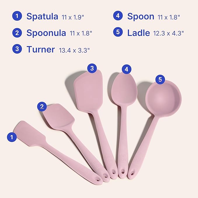 GIR 5-Piece Silicone Kitchen Utensils Set, Non-Toxic Cooking Utensils for Cooking and Baking, Heat Resistant, Food Grade, Dishwasher Safe Rubber Spatula, Ladle, Spoon - Rose