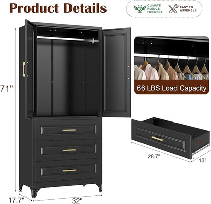 SteeLoong 71" Metal Armoire Wardrobe Closet with 3 Drawer，Tall Clothing Storage Cabinet with Adjustable Shelves and Hanging Rod,Black Wardrobe Closet for Bedroom,Home,Office,Gym