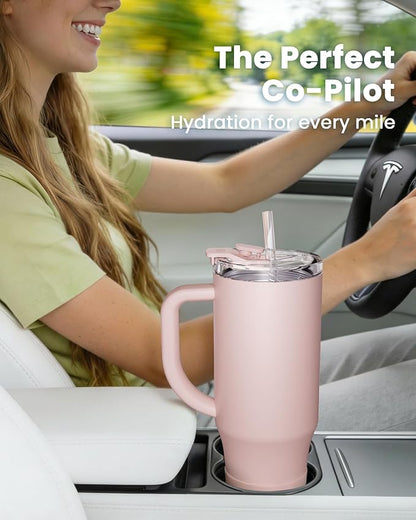 Renoj Tumbler with Handle 100% Leak Proof Insulated Water Bottle for Iced Coffee & Hot Drinks - Fits Car Cup Holder, Ideal Gift, 2 Straws & Silicone Boot BPA-Free - SnapShift Light Pink 32 oz