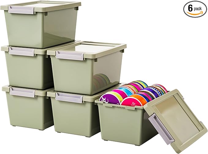 IRIS USA 4 Qt. Craft Storage Bins with Lids, 6-Pack, |Made in USA|, Clip Box, Small Plastic Sensory Bin Tote Organizer Containers for Art Supplies, Paper, & Office, Stackable - Sage Green