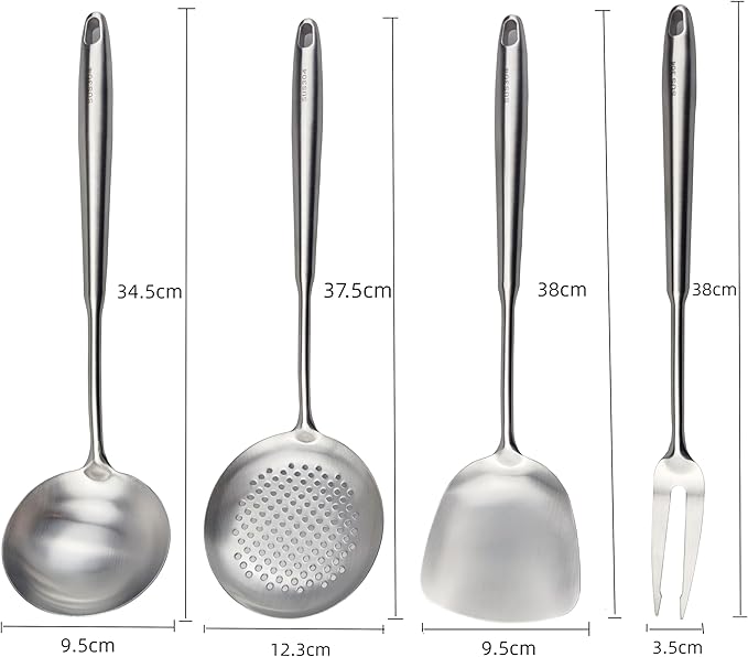 Wok Utensils Tools for Carbon Steel, Stainless Steel Wok Spatula Set,Wok Spatula and Skimmer, Soup Ladle,Meat Fork,4-PiecesCooking Tools & Serving Utensil 15inch