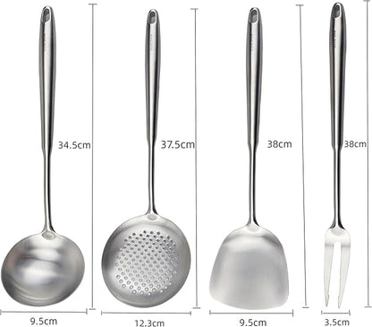 Wok Utensils Tools for Carbon Steel, Stainless Steel Wok Spatula Set,Wok Spatula and Skimmer, Soup Ladle,Meat Fork,4-PiecesCooking Tools & Serving Utensil 15inch