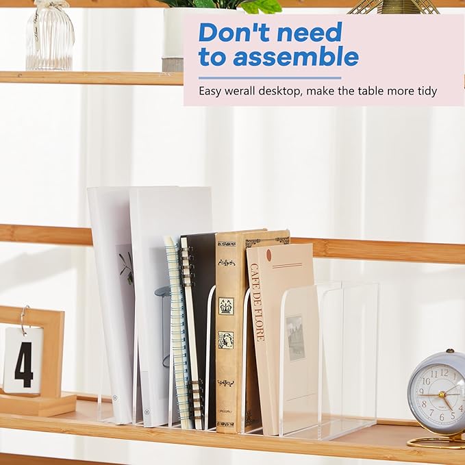 Suzile Clear Acrylic Magazine File Holder with Vertical Compartments Desk Organizer Book Rack for Desk Sorter Paper Folder Office Accessories (Classic,10.5 x 6.9 x 6.3 Inch)