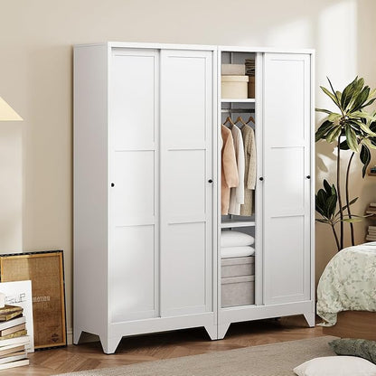 Letaya Metal Sliding Door Wardrobe Cabinets,68" Tall Armoire Wardrobe Closet with Sliding Doors and Shelves,Narrow Slim Coat Closet Cabinet with Hanging Rod,Space Saving for Home (White)