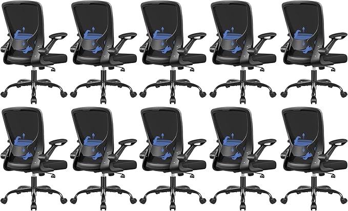 Ergonomic Office Chair, Mesh Computer Chairs with Lumbar Support, Swivel Desk Chair with Flip-up Arms and Adjustable Height, Black Pack of 10