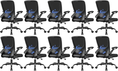 Ergonomic Office Chair, Mesh Computer Chairs with Lumbar Support, Swivel Desk Chair with Flip-up Arms and Adjustable Height, Black Pack of 10