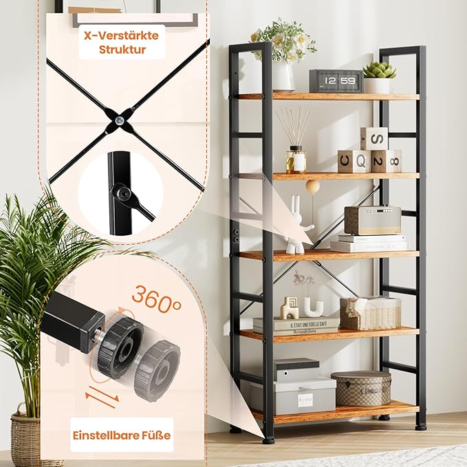 Sweetcrispy Book Shelf, 5 Tier Bookcase, Modern Tall Bookshelf Corner Storage Organizer for Garage Kit, CDs, Movies Suitable Home Office Bedroom, Kitchen, Living Room - Brown