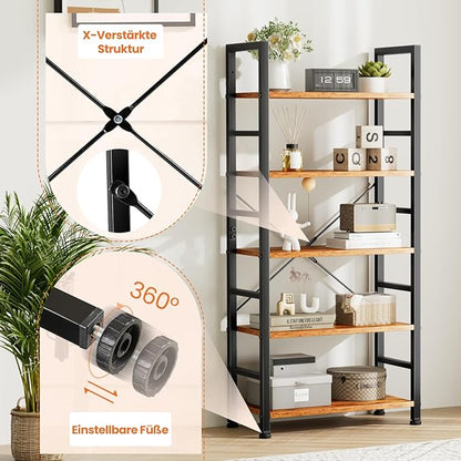 Sweetcrispy Book Shelf, 5 Tier Bookcase, Modern Tall Bookshelf Corner Storage Organizer for Garage Kit, CDs, Movies Suitable Home Office Bedroom, Kitchen, Living Room - Brown