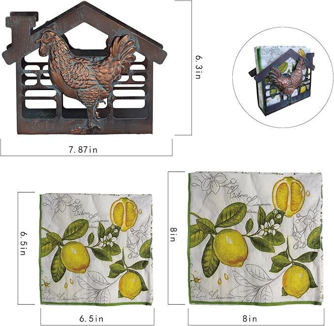 Metal Rooster Napkin Holder for Table,Rustic Farmhouse Napkin Holders for Paper Napkins,Antique Copper Tusse Napkins Stand Tabletop Dispenser with Non-Slip for Kitchen Dining Room Coffee Shop Bar