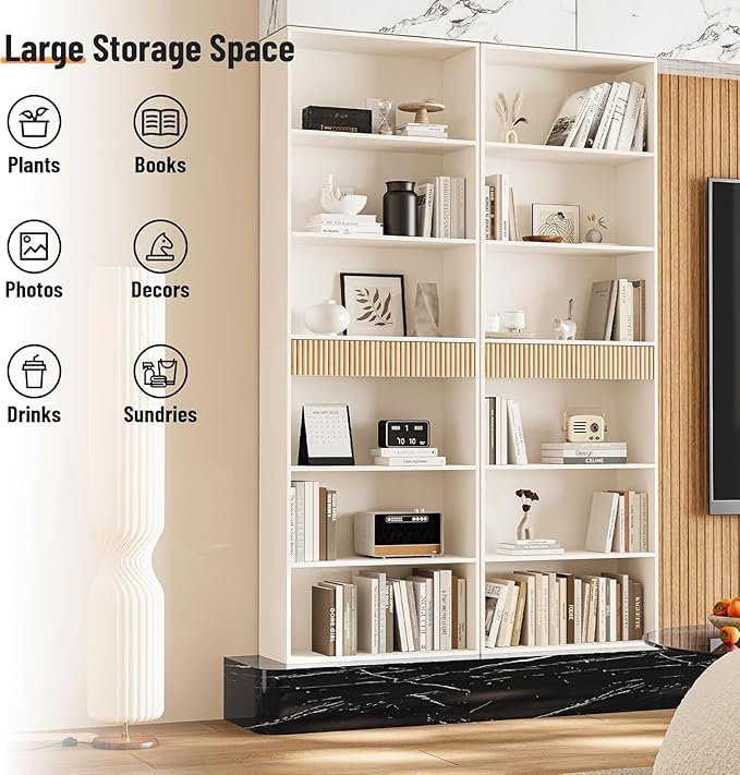 7-Tier Bookshelf with Storage, 72" Tall Bookcase with Drawer, Display Book Shelf Book Organizer with Anti-tip Device, Home Decor Wood Furniture for Office, Bedroom, Living Room, White