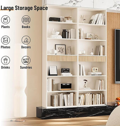 7-Tier Bookshelf with Storage, 72" Tall Bookcase with Drawer, Display Book Shelf Book Organizer with Anti-tip Device, Home Decor Wood Furniture for Office, Bedroom, Living Room, White