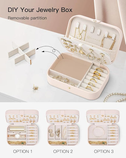VLANDO Travel Jewelry Case, PU Leather Travel Jewelry Box with Earring Holder, Portable Display Small Jewelry Box for Mothers Day Women Girls Gift - Pink