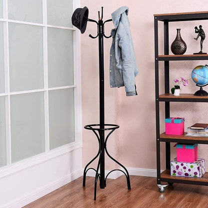 LDAILY Moccha Standing Coat Rack, Metal Frame, Study Portable Free Standing Entryway Hat Coat Jacket Umbrella Holder, Hanger with Base Coat Tree Stand, Black