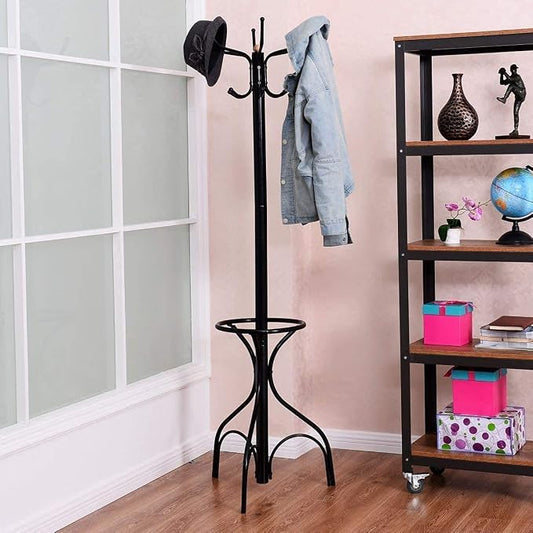 LDAILY Moccha Standing Coat Rack, Metal Frame, Study Portable Free Standing Entryway Hat Coat Jacket Umbrella Holder, Hanger with Base Coat Tree Stand, Black