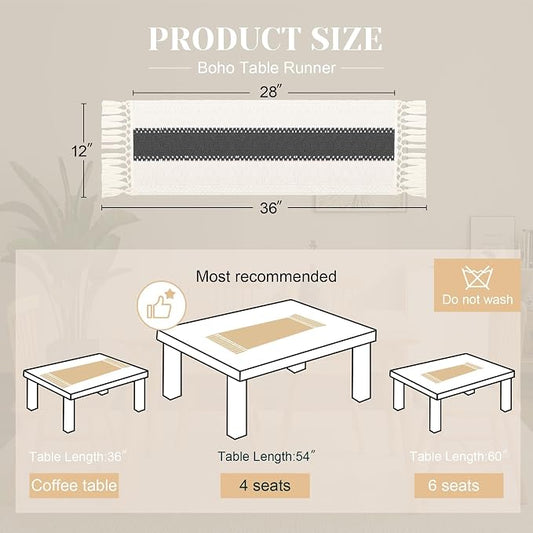FEXIA Boho Table Runner for Summer Home Decor with Tassels 36 Inches Long Farmhouse Grey Rustic Burlap Table Runner Macrame Table Decoration for Kitchen Bedroom Living Room (12x36 Inches)