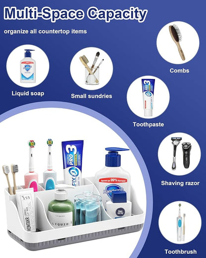 Bathroom Counter Organizer and Storage with 2 Pack Qtip Holder Dispenser, 7 Slots Detachable Toothbrush Holders for Bathrooms, Anti-Slip Electric Toothbrush and Toothpaste Holder Countertop
