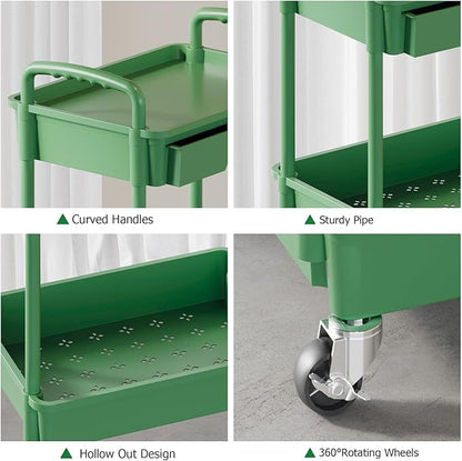 LLMRR 3 Tier Rolling Utility Cart with Drawer, Plastic Storage Organizer Rolling Carts with Wheels Handles Hanging Cups Hooks for Office, Bathroom, Kitchen,Craft Art Room (Green)