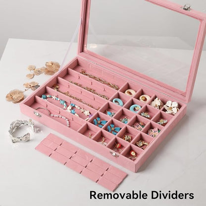 Frebeauty 40 Grid Jewelry Tray,Adjustable Earring Holder Organizer with Glass Lid,Velvet Drawer Jewelry Organizer for Rings,Studs,13.8 x 9.5 x 2 Inches Jewelry Display Box,Gift for Women(Pink)