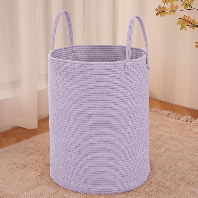 JMvicyroam Large Woven Laundry Basket Hamper,100L Cotton Rope Storage Bin for Blankets,Toys and Clothes,Decorative Tall Nursery Hamper for Living Room,Baby Nursery,Bathroom and Bedroom,Purple