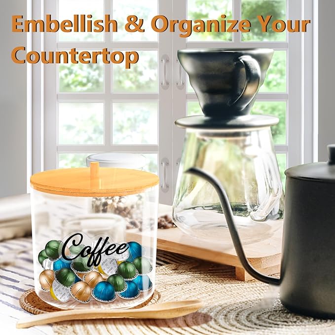 homicozy Coffee Pod Holder with Bamboo Lid, Large Capacity 80-Ounce Clear Countertop Storage for Coffee Capsules, K Cup Organizer for Keurig/Nespresso, coffee filter holder, Coffee Bar Accessories