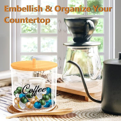 homicozy Coffee Pod Holder with Bamboo Lid, Large Capacity 80-Ounce Clear Countertop Storage for Coffee Capsules, K Cup Organizer for Keurig/Nespresso, coffee filter holder, Coffee Bar Accessories
