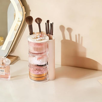 Hair Accessories Organizer with Hair Brush Holder, Rotatable Makeup Brush Holder for Necklaces, Earring, Bracelet, Ring, Makeup Brushes, Hair Clip and Hair Accessories (Stripe White, 3-Layer)