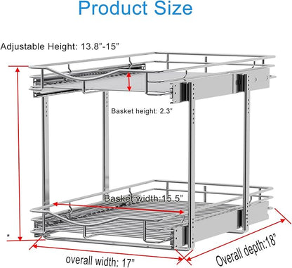 DINDON 2 Tier Pull Out Cabinet Organizer (17" W x 18" D) Heavy-Duty Metal Sliding Drawer Shelf, Two Tier Pull Out Shelves for Kitchen Cabinets, Pantry, Bathroom, Chrome Finish