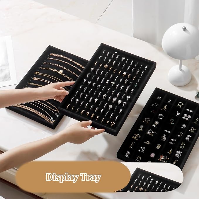 Large Velvet Jewelry Tray 2 Pack Stackable Jewelry Display Drawer Inserts Trays Organizer for Earring Bracelet Necklace Ring (Black, Ring 81 Slots)