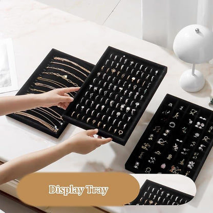 Large Velvet Jewelry Tray 2 Pack Stackable Jewelry Display Drawer Inserts Trays Organizer for Earring Bracelet Necklace Ring (Black, Ring 81 Slots)
