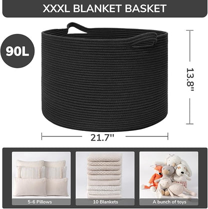 INDRESSME XXXLarge Blanket Basket 21.7" x 21.7" x 13.8" Woven Storage Baskets Soft Cotton Rope Toy Baskets Storage Kids Decorative Laundry for Home, Perfect for Living Room, Black