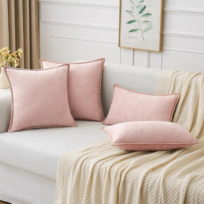 MIULEE Pack of 2 Couch Throw Pillow Covers 18x18 Inch Pink Farmhouse Decorative Pillow Covers with Stitched Edge Soft Chenille Solid Dyed Pillow Covers for Sofa Bed Living Room
